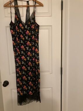 Zara Black Midi Slip Dress with Pink & Orange Floral Print